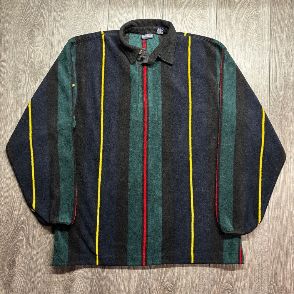 Vintage Van Heusen Mens Fleece Pullover Striped Quarter Button Collar Green Med